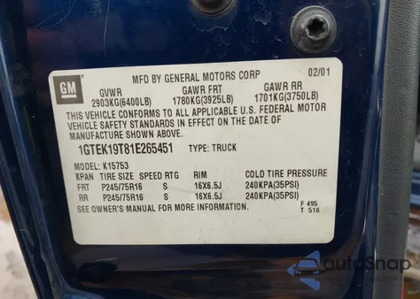 2001 GMC Sierra 1500 Sle z USA, uszkodzony, nr VIN 1GTEK19T81E265451